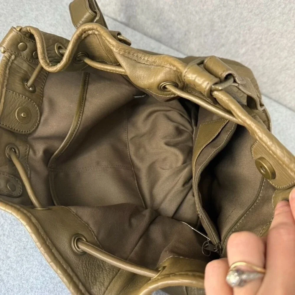 Nordstrom Olive‎ Green Leather Bucket Bag Adjustable Strap Drawstring Close NWT